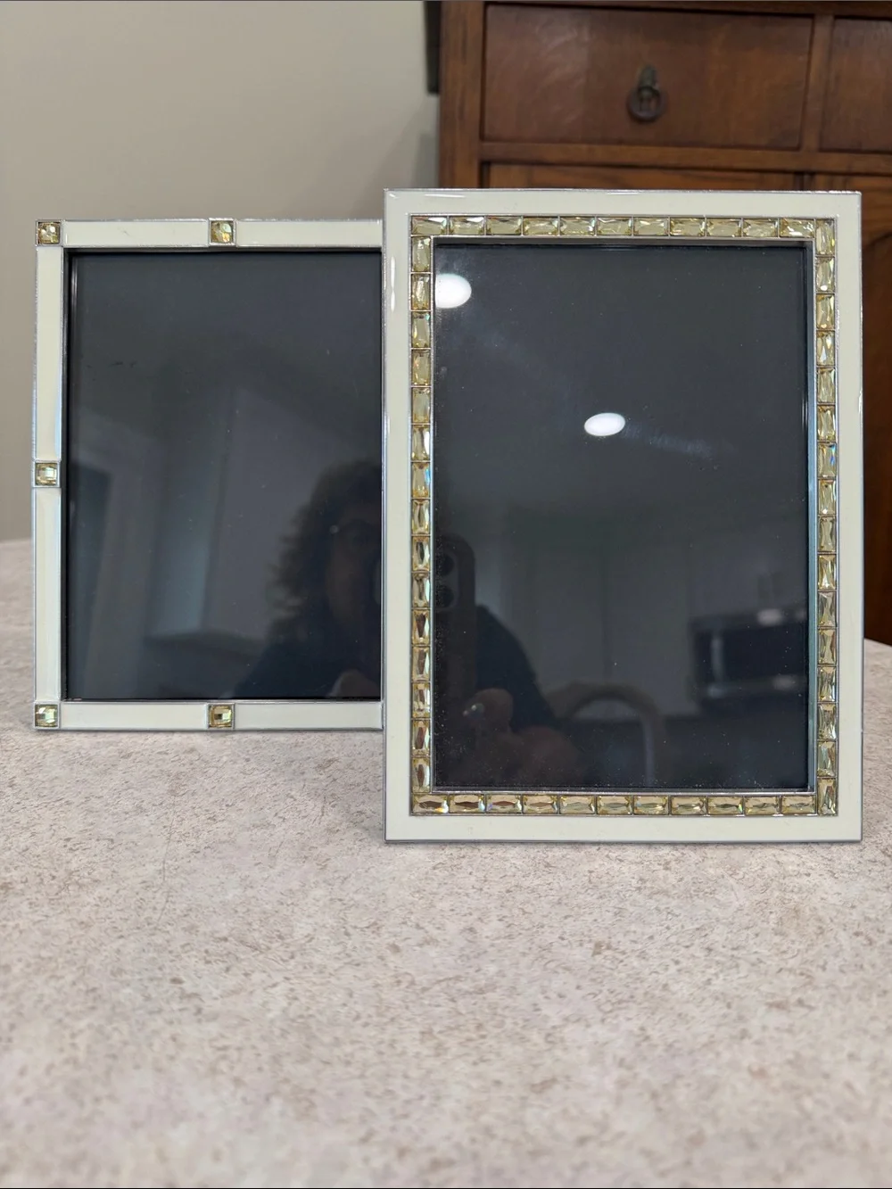 SET OF 2 HEZE BAISHIDA 5 x 7 IVORY ENAMEL & LIGHT TOPAZ CRYSTAL PICTURE FRAMES